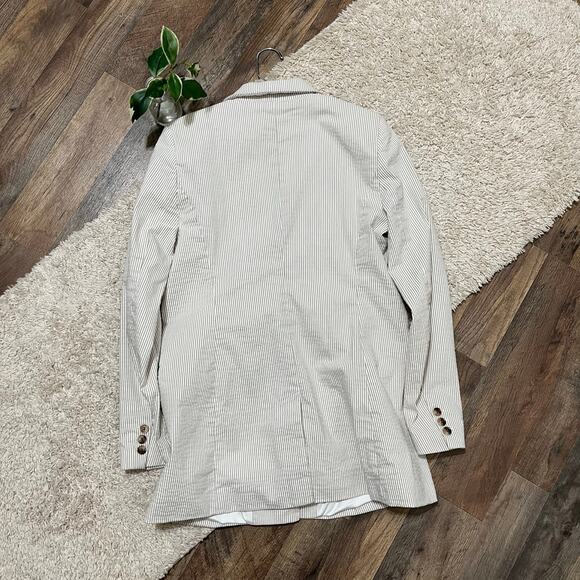 Joie Size Large Beige White Striped Single Button Seersucker Longline Blazer - Picture 6 of 6